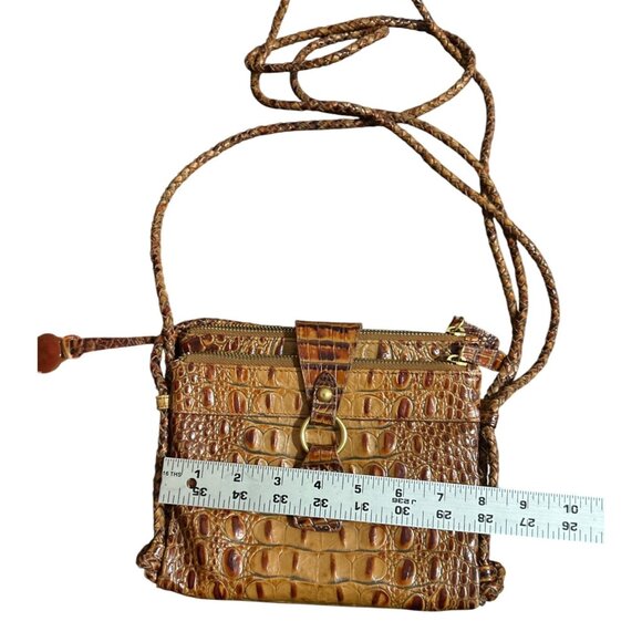 Brahmin Crocodile Embossed Tan Brown Leather Crossbody Bag Double Braided Handle - Picture 9 of 11
